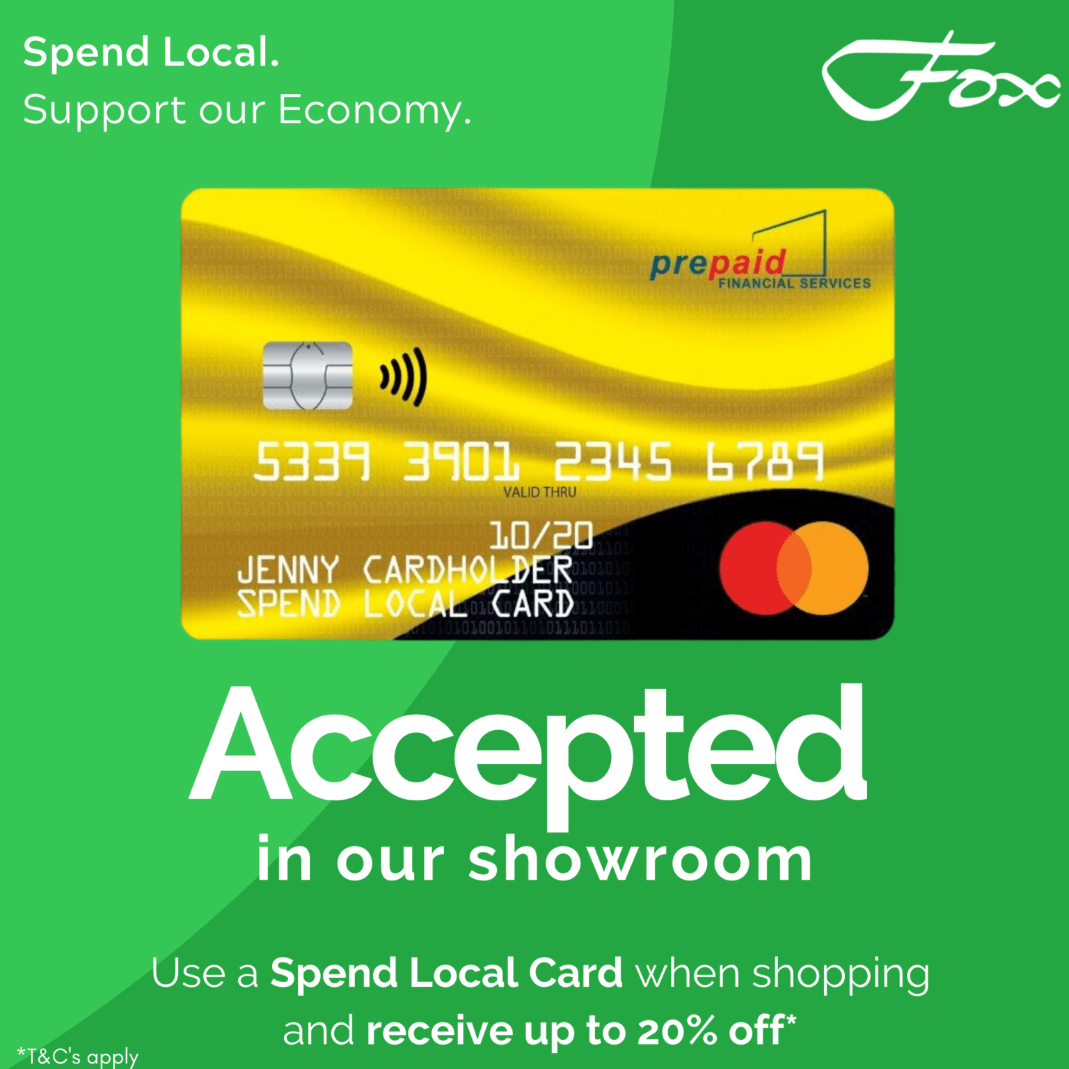 Spend Local Cards accepted in our Showroom at Rue des Pres! Fox
